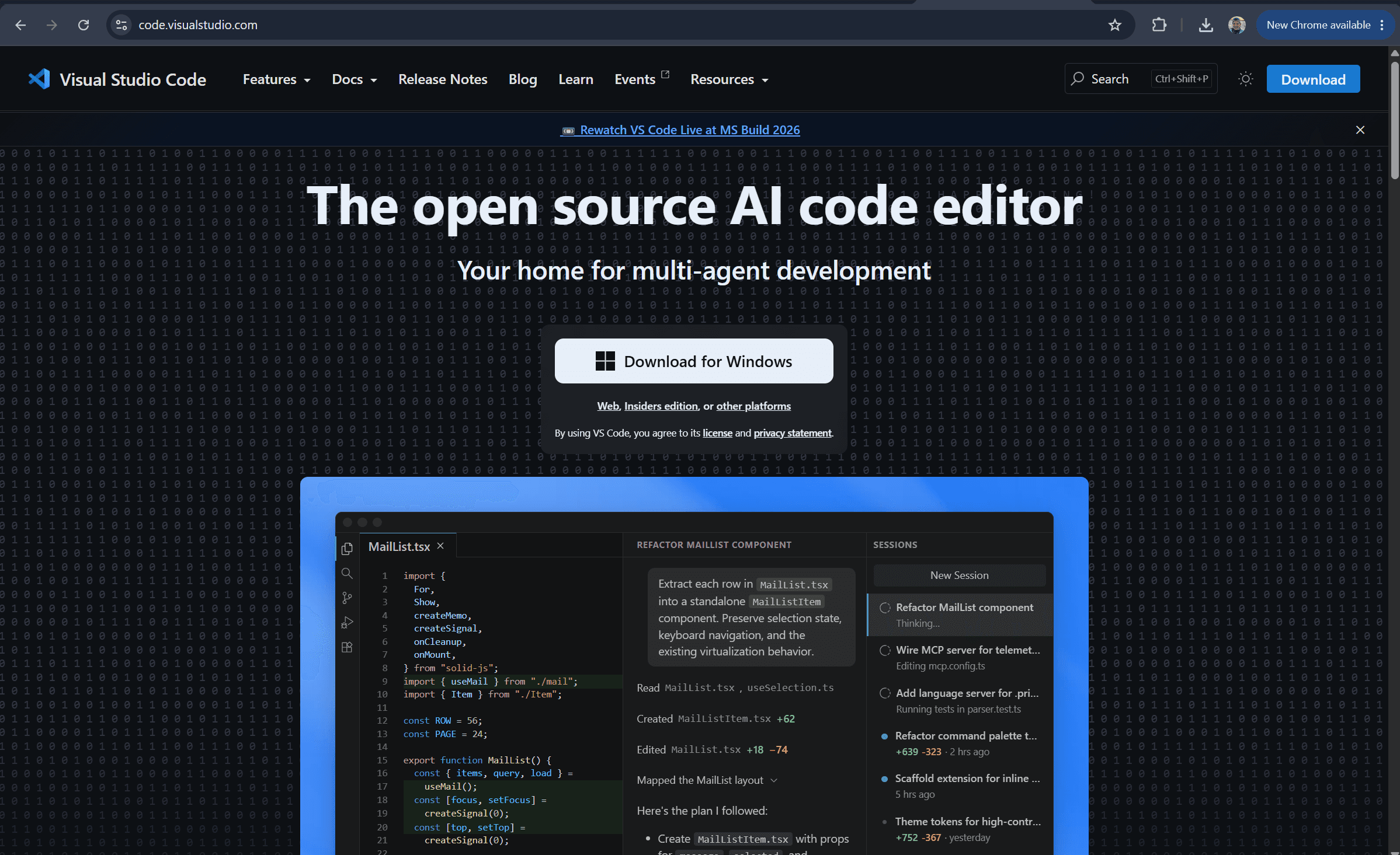 Official Visual Studio Code download page showing operating-system download options.