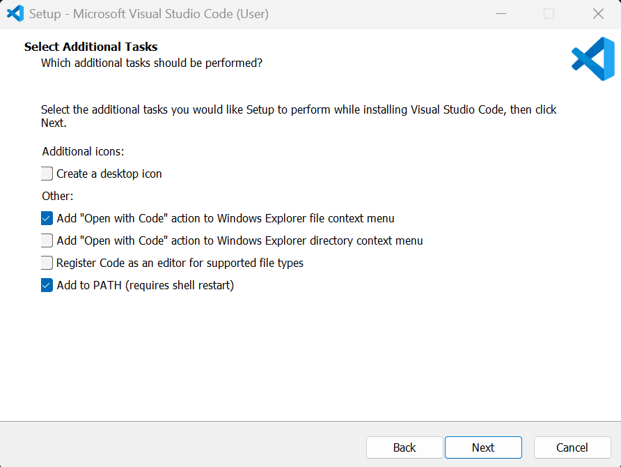 Visual Studio Code installer showing recommended additional installation options.