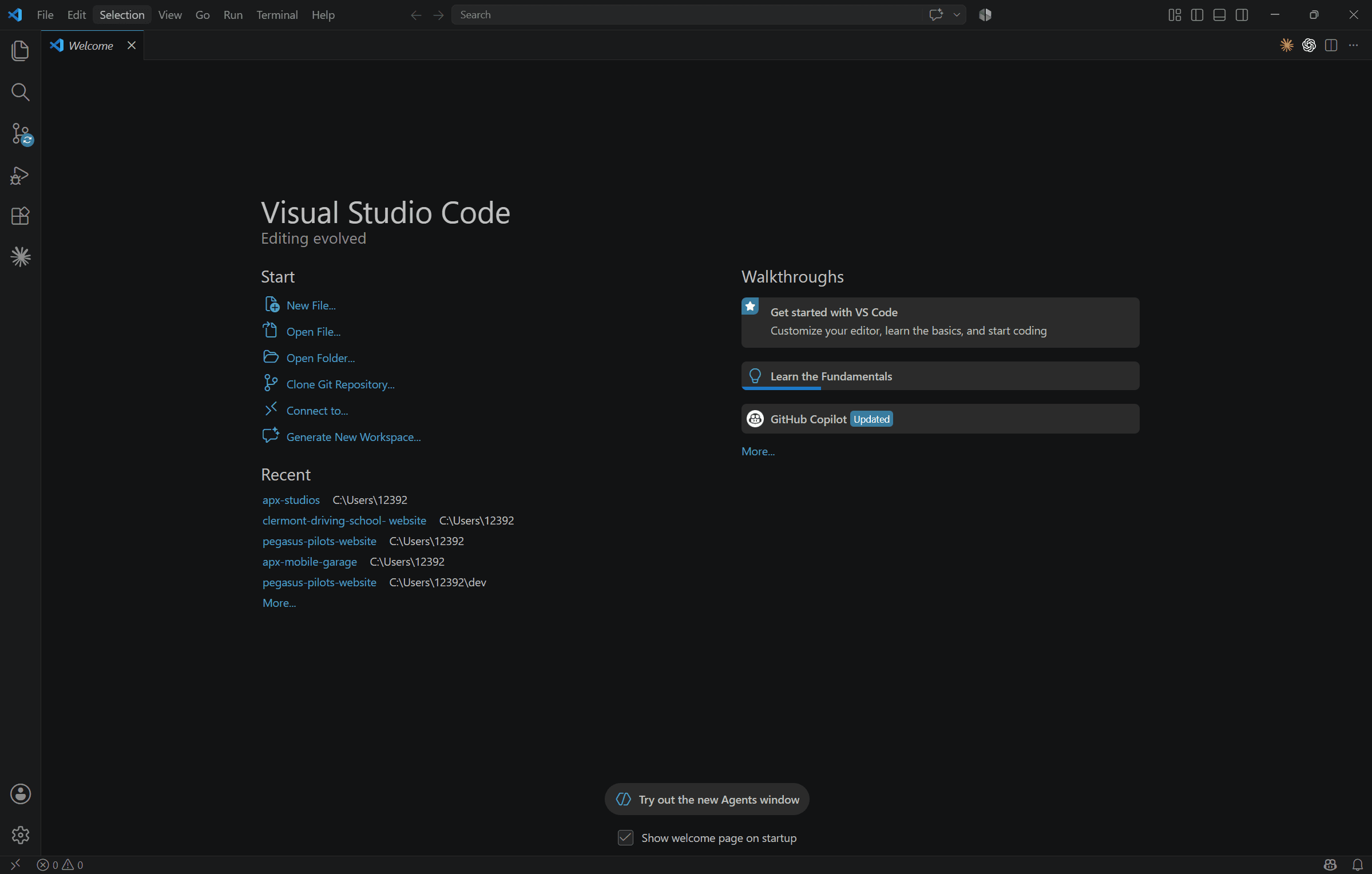 Visual Studio Code displaying its Welcome page after installation.