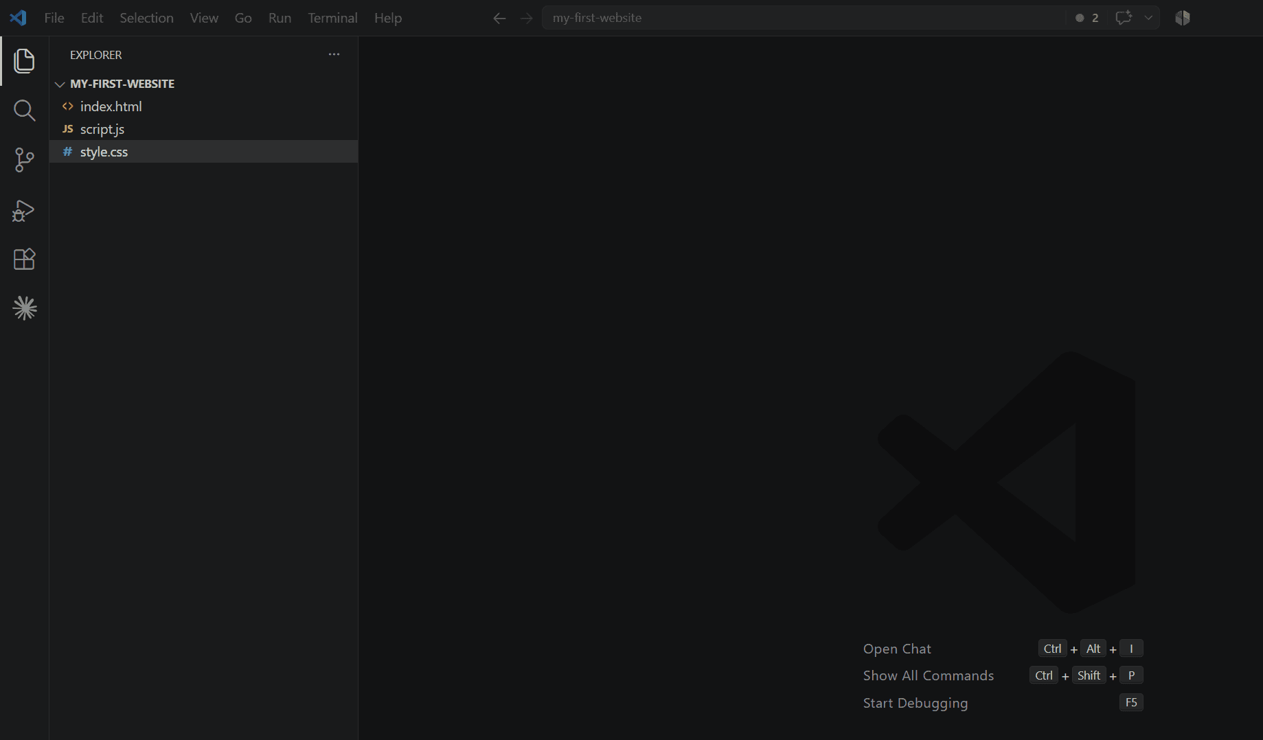 Visual Studio Code Explorer showing index.html, style.css, and script.js inside my-first-website.