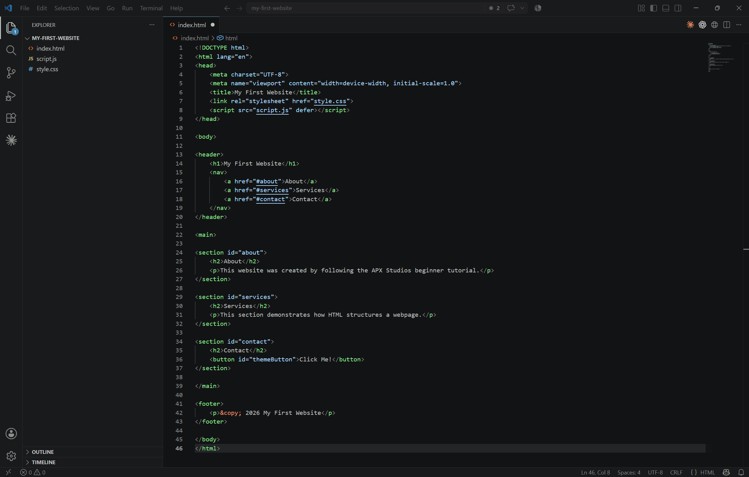 Visual Studio Code displaying the index.html file for the sample website.