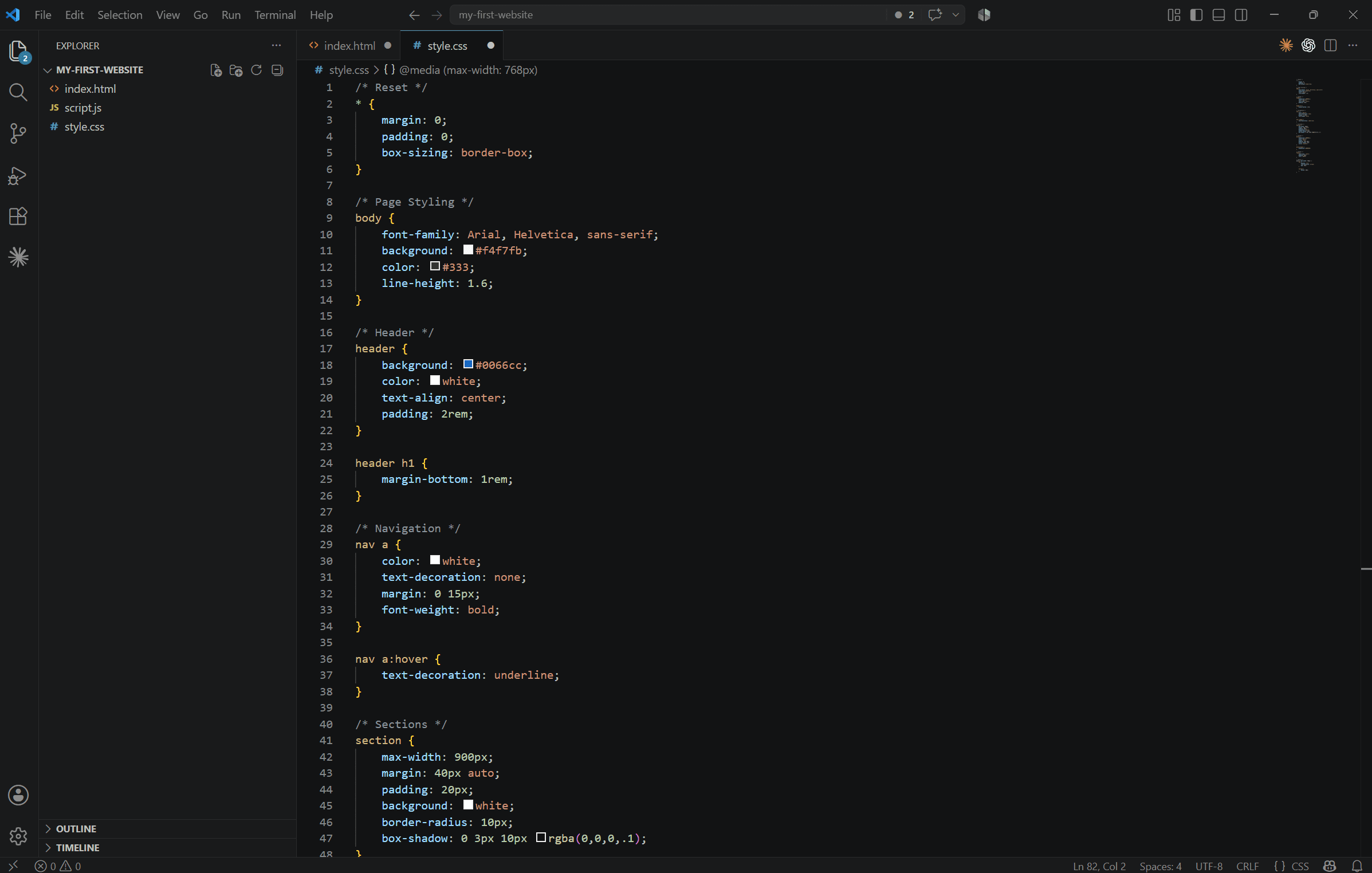Visual Studio Code displaying the style.css file for the sample website.
