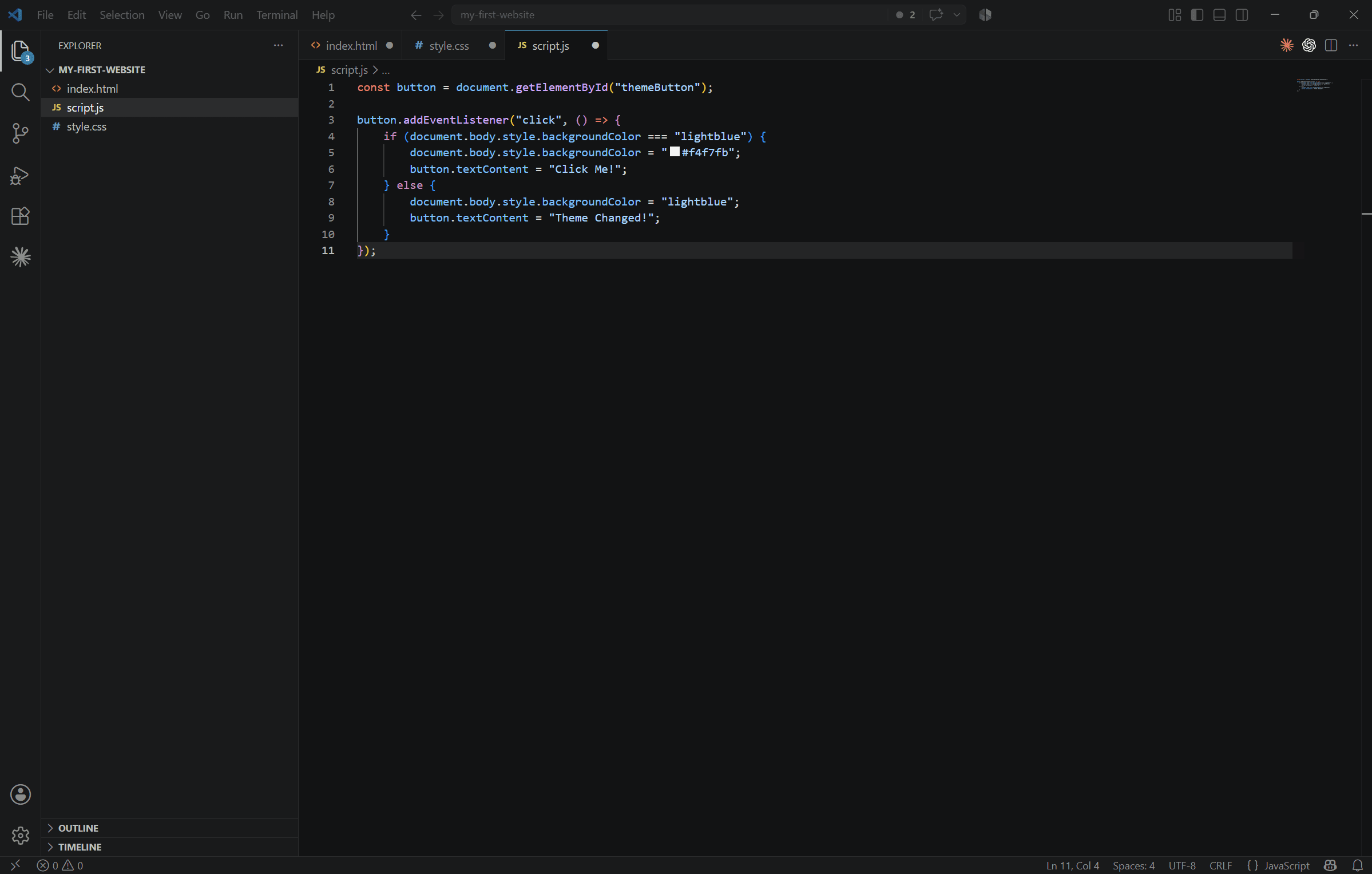 Visual Studio Code displaying the script.js file for the sample website.