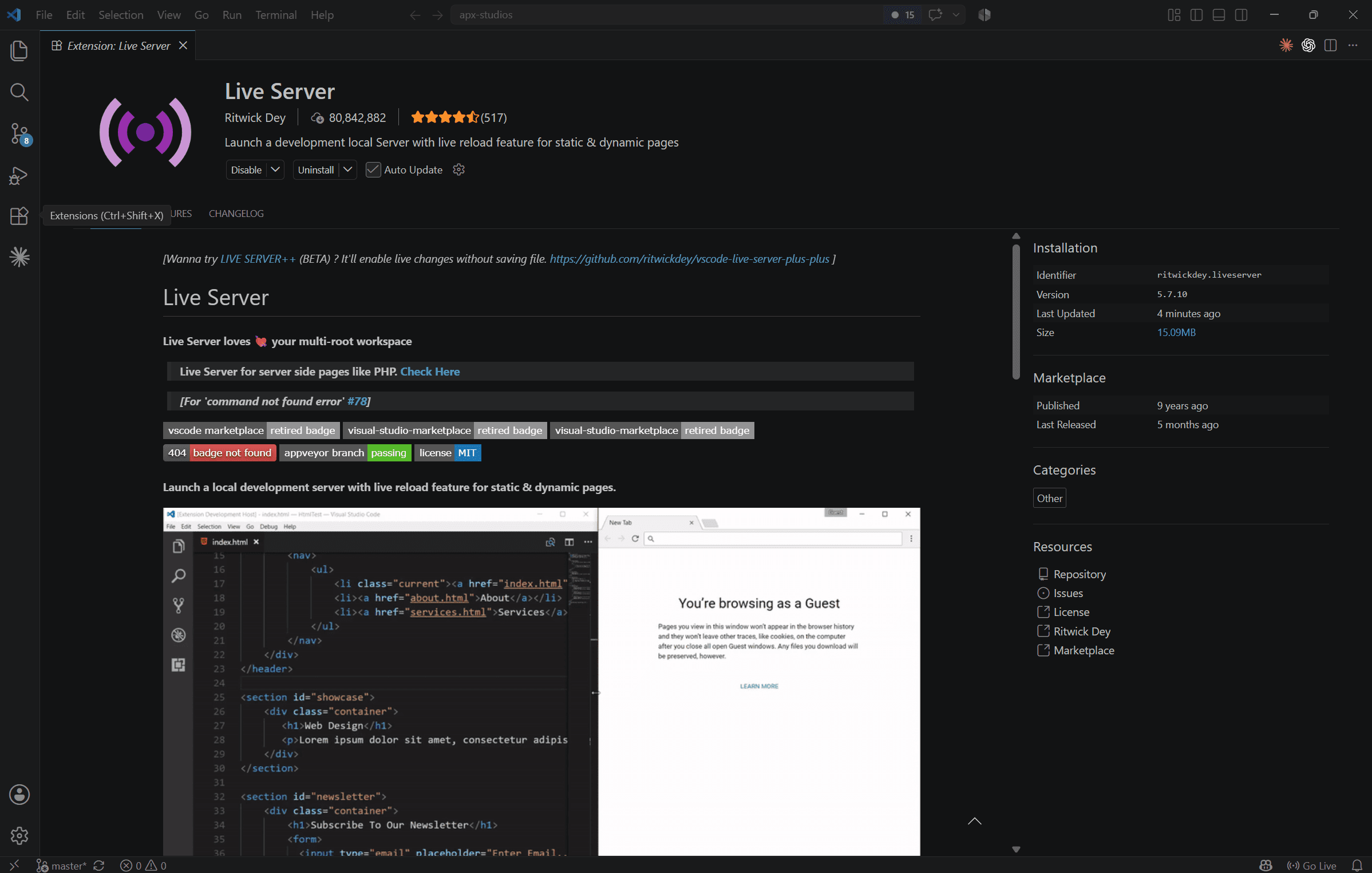 Visual Studio Code Extensions panel showing the Live Server extension.