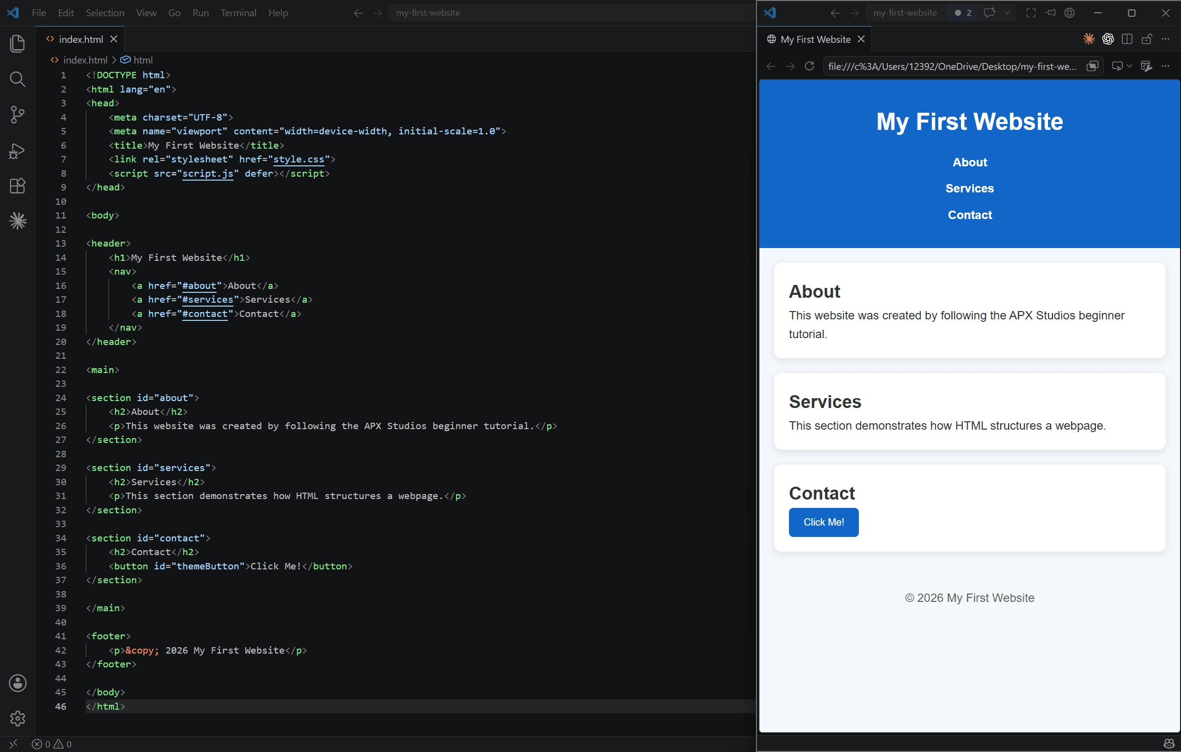 The completed sample website running locally in a desktop browser.