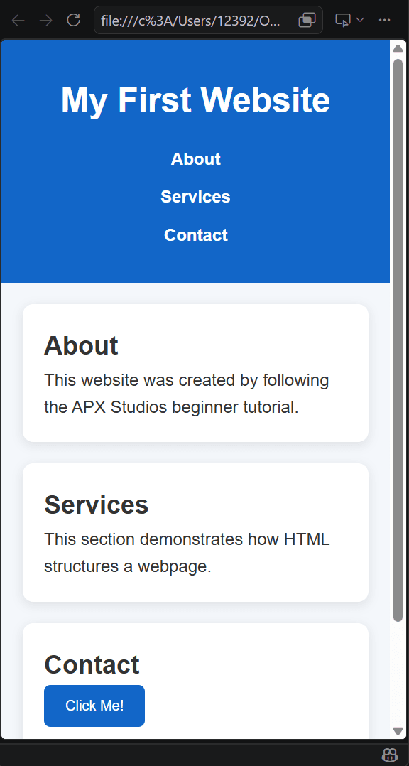 The sample website displayed at a mobile viewport width.