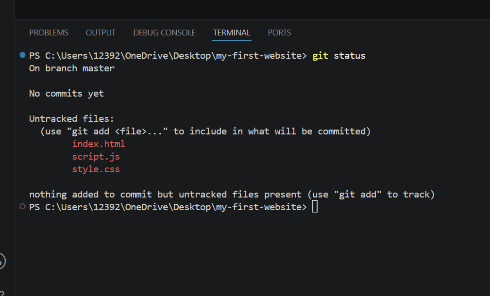 Terminal showing index.html, style.css, and script.js as untracked files.