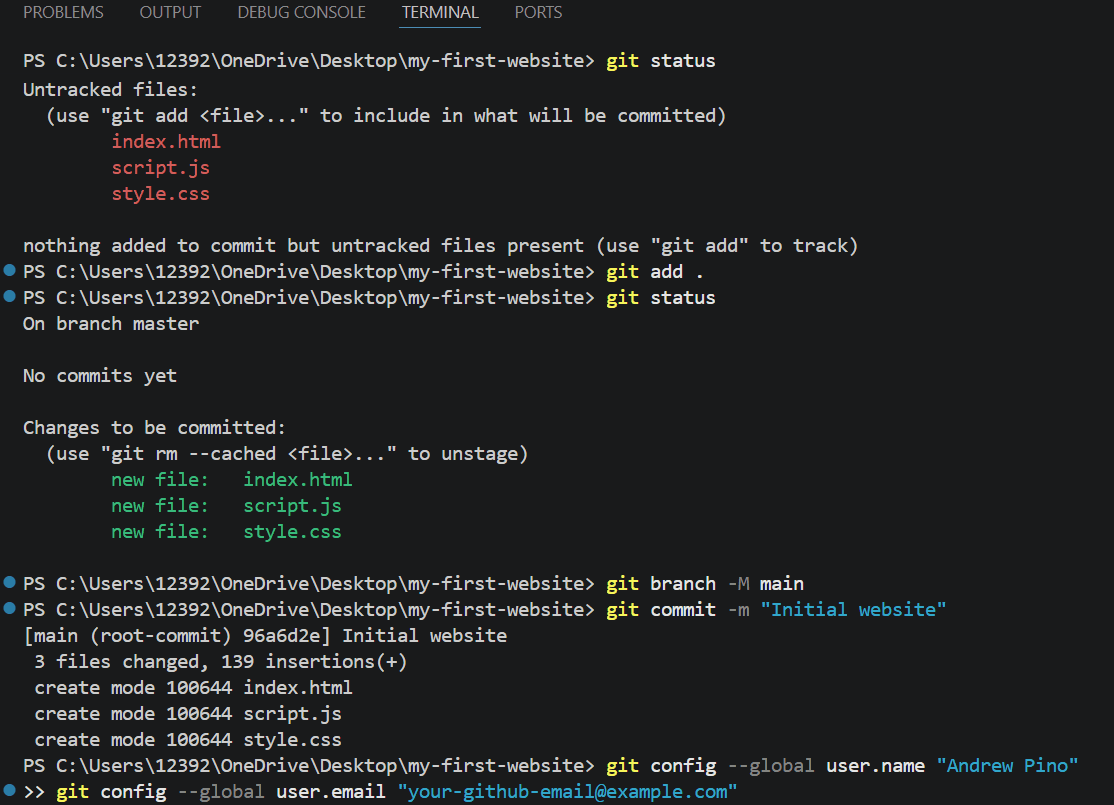 Terminal showing a successful commit named Initial website.