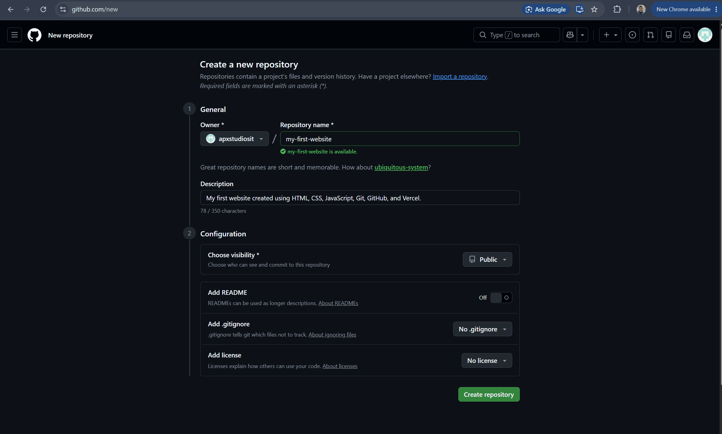 GitHub New Repository page configured for my-first-website.