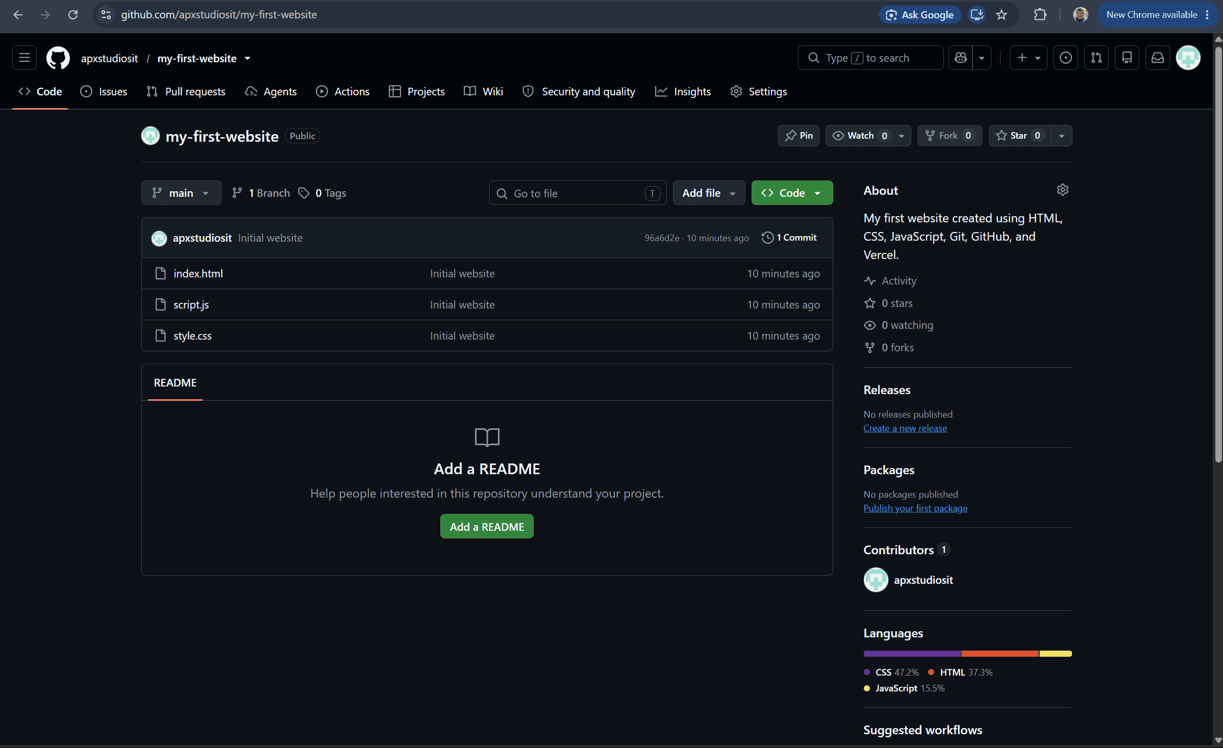 GitHub repository showing index.html, style.css, and script.js on the main branch.