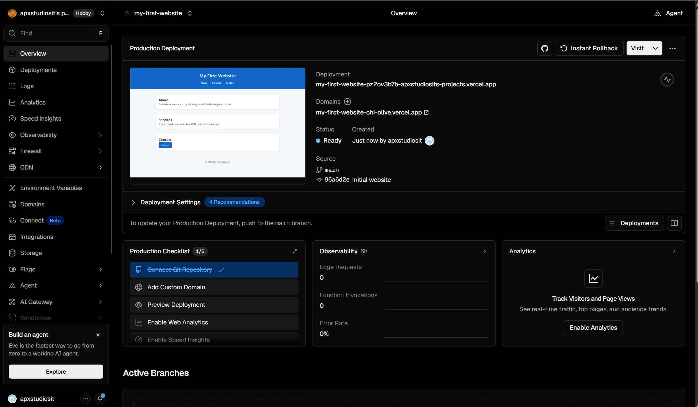 Vercel import screen showing the my-first-website GitHub repository.