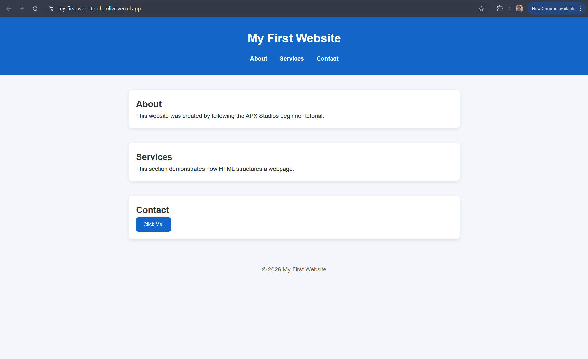 The finished sample website displayed at its public Vercel address.